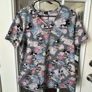 Disney Mickey Minnie Mouse Scrub Top Medium Gray Floral Postcard Healthcare